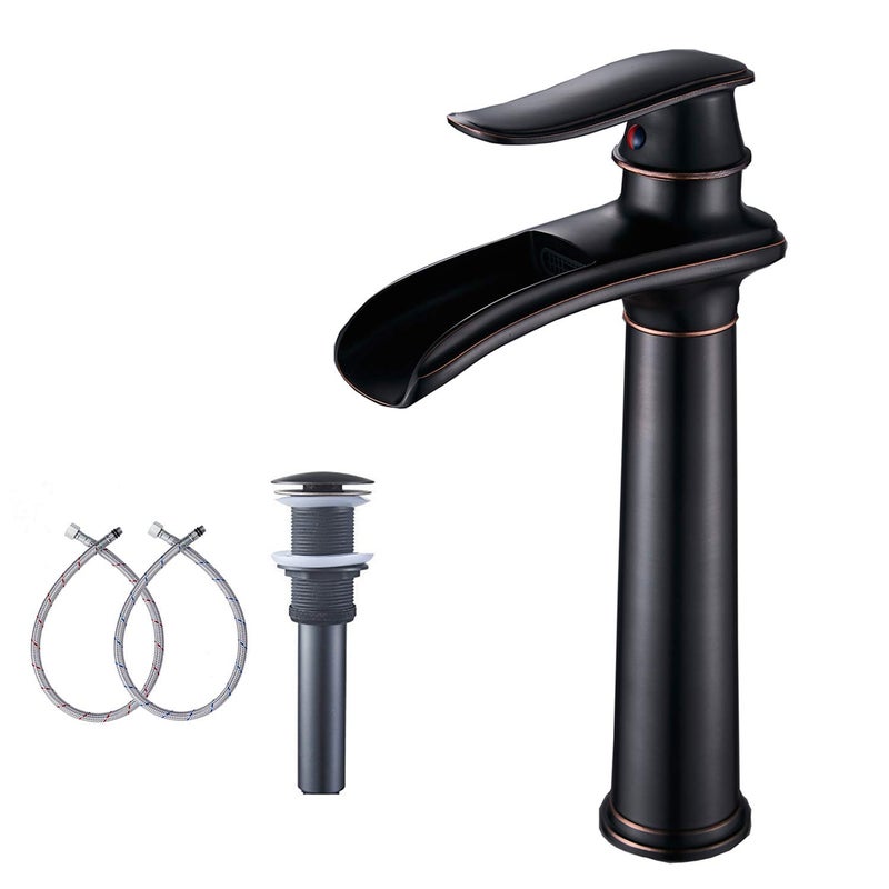 GGStudy Oil Rubbed Bronze Bathroom Faucet Single Handle One Hole Waterfall Farmhouse Bathroom Vessel Sink Faucet Matching with Pop Up Drain - Image 1